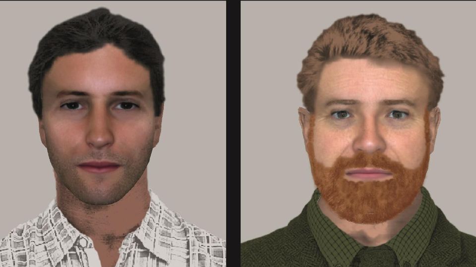 Ein Phantombild zeigt zwei junge Männer: links einen mit braunem Seitenscheitel, rechts einen mit rotblondem Vollbart
