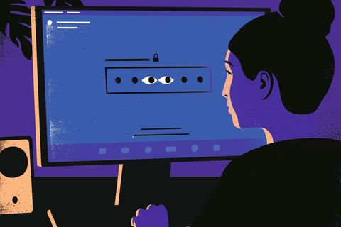 Illustration: Ein Augenpaar blickt aus dem PC-Bildschirm in Richtung einer Nutzerin