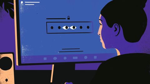 Illustration: Ein Augenpaar blickt aus dem PC-Bildschirm in Richtung einer Nutzerin