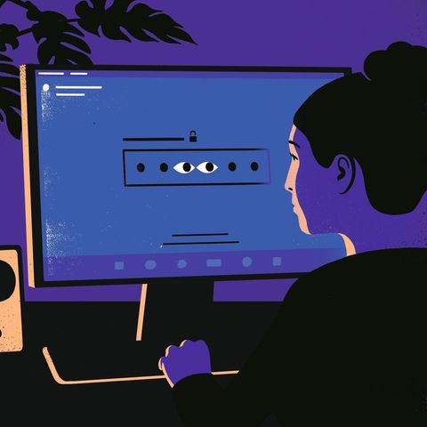 Illustration: Ein Augenpaar blickt aus dem PC-Bildschirm in Richtung einer Nutzerin