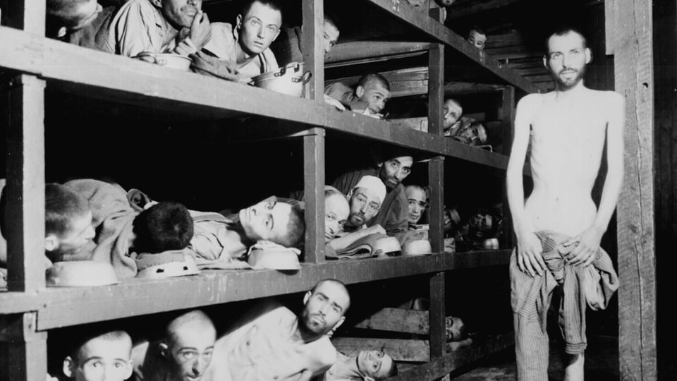 Zum Jahrestag der Befreiung: Thüringen, Buchenwald: Befreite Häftlinge des Konzentrationslagers Buchenwald, aufgenommen in der Baracke 56 des kleinen Lagers. Naftalie Fürst ist der fünft von links in der zweiten Reihe. Thüringen, Buchenwald: Befreite Häftlinge des Konzentrationslagers Buchenwald, aufgenommen in der Baracke 56 des kleinen Lagers. Naftalie Fürst ist der fünft von links in der zweiten Reihe.