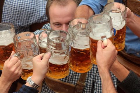 Sechs Männer stoßen auf der Münchner Wiesn mit ihren Maßkrügen an