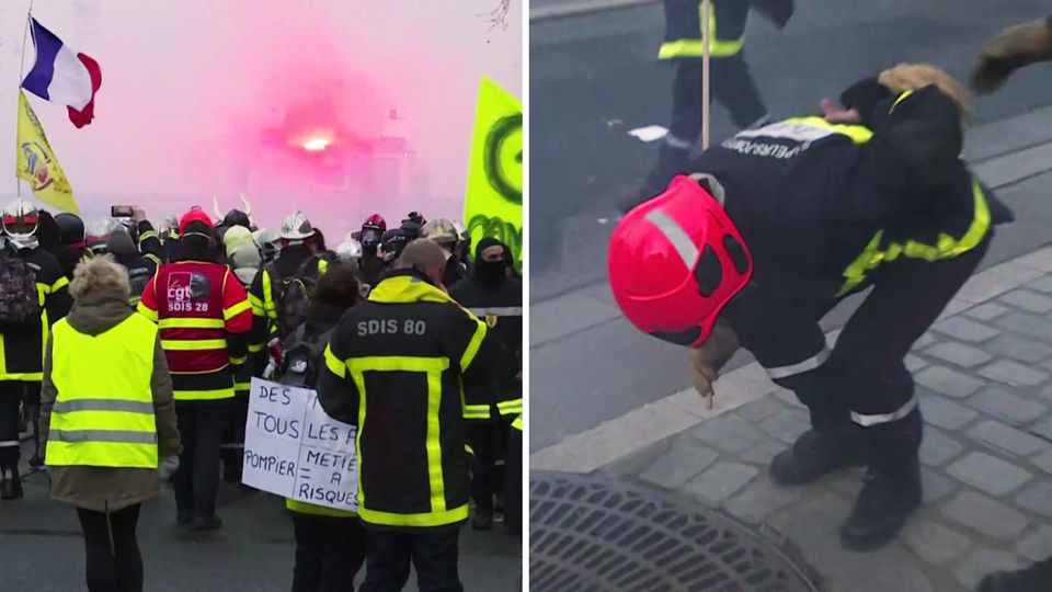 Ausschreitungen in Paris: Die Polizei geht gegen demonstrierende Feuerwehrleute vor