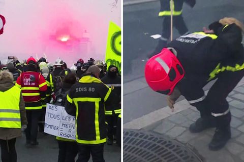 Ausschreitungen in Paris: Die Polizei geht gegen demonstrierende Feuerwehrleute vor
