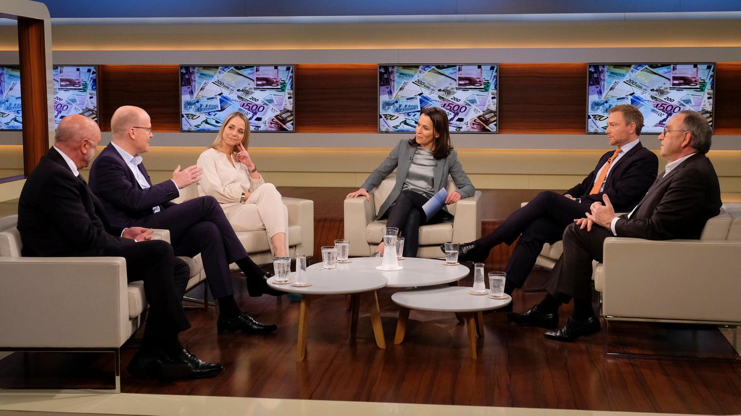 Von links: Ulrich Schneider (Hauptgeschäftsführer des Paritätischen Gesamtverbands), Ralph Brinkhaus (CDU), Anette Dowideit (Chefreporterin Investigativteam "Welt"), Anne Will (Moderatorin), Christian Lindner (FDP) und Norbert Walter-Borjans (SPD)