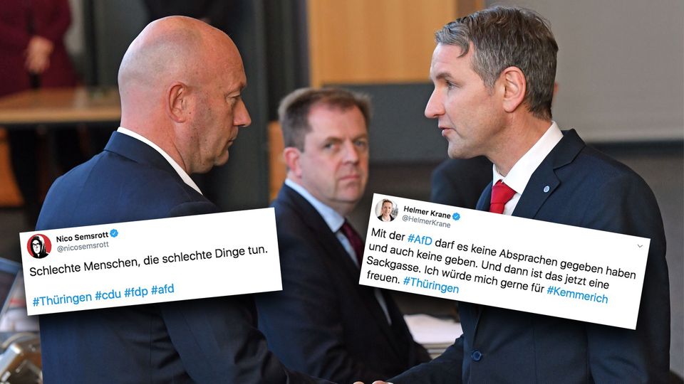 Björn Höcke, (r) Fraktionsvorsitzender der AfD, gratuliert Thomas Kemmerich (l., FDP), dem neuen Thüringer Ministerpräsidenten Björn Höcke, (r) Fraktionsvorsitzender der AfD, gratuliert Thomas Kemmerich (l., FDP), dem neuen Thüringer Ministerpräsidenten