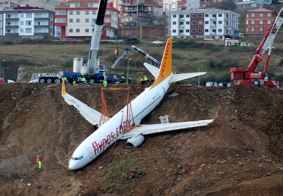 Bei starkem Regen: Diese Boeing 737-800 war im Januar 2018 bei der Landung in Trabzon von der Bahn geschliddert Diese Boeing 737-800 war im Januar 2018 bei der Landung in Trabzon von der Bahn geschliddert