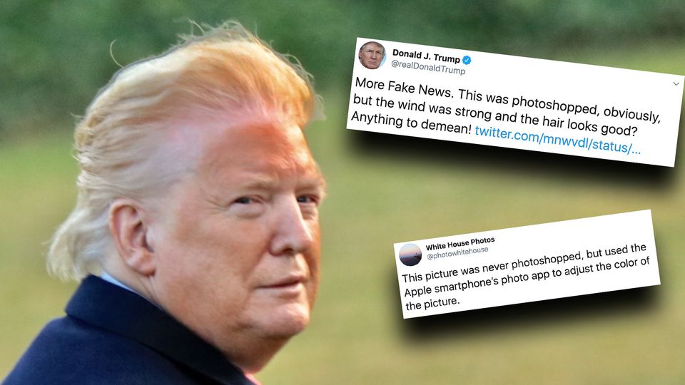 Virales Bild: US-Präsident Donald Trump hat eine starke Bräune und eine vom Wind durchwehte Frisur. Virales Bild: US-Präsident Donald Trump hat eine starke Bräune und eine vom Wind durchwehte Frisur.
