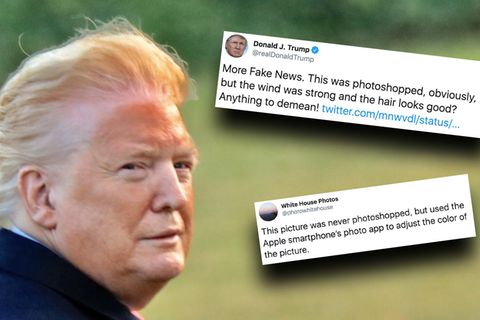 Virales Bild: US-Präsident Donald Trump hat eine starke Bräune und eine vom Wind durchwehte Frisur.