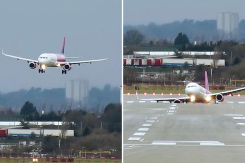 Orkantief "Sabine" erschwert Wizz-Air-Flug vdie Landung.