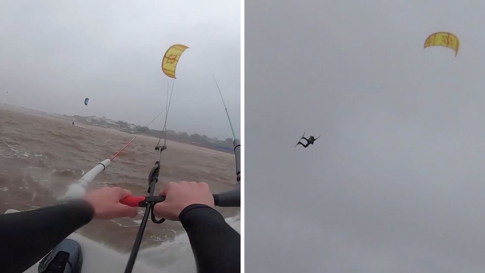 Kitesurfen im Sturmtief: Der Engländer Tom Bridge wird 18 Meter hoch durch die Luft gewirbelt.