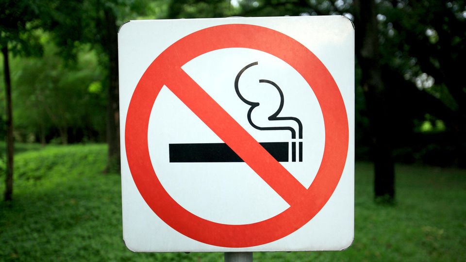 Ein Rauchverbotszeichen steht in einer Parkanlage