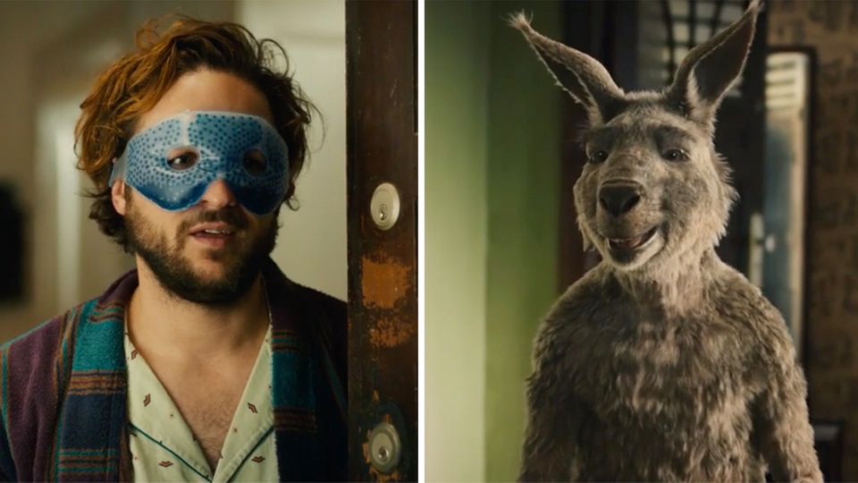 Mann mit Kühl-Augenmaske, Känguru