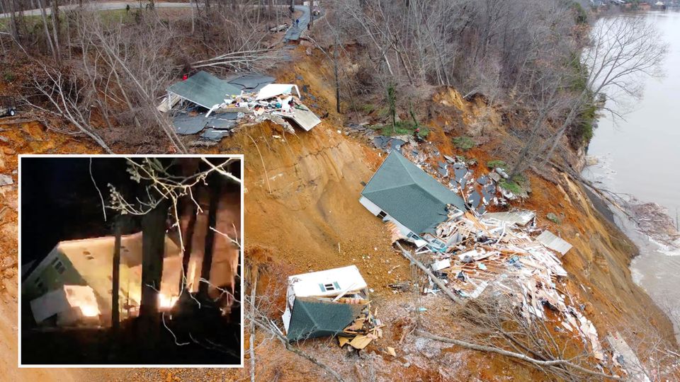 Ein Erdrutsch in Tennessee reißt zwei Häuser am Ufer in die Tiefe