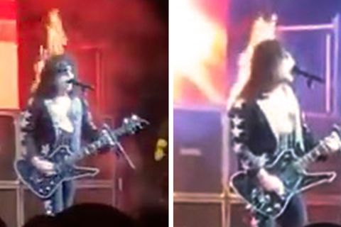 Sänger und Gitarrist Bobby Jensen von der "Kiss"-Coverband "Hairball" steht mit brennenden Haaren auf der Bühne.