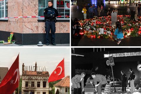 Tatort in Hanau, Trauer und Gedenken in Halle/Saale, Haus nach Brandanschlag in Solingen, Tatort des Oktoberfestattentats