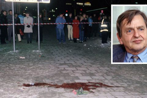 Großes Bild: Der Tatort des Palme-Mordes. Kleines Bild: Olof Palme