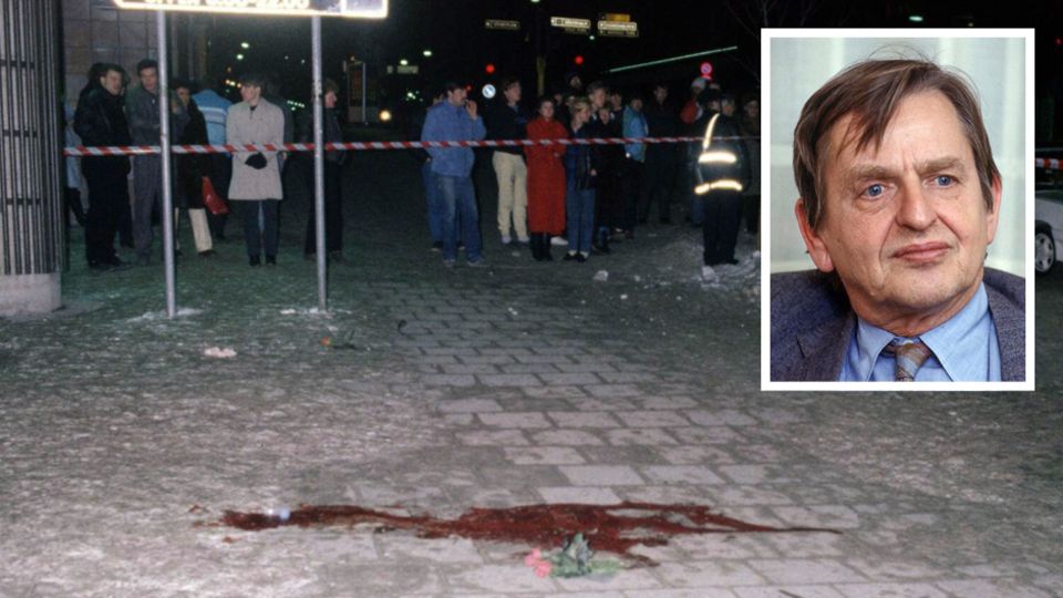 Großes Bild: Der Tatort des Palme-Mordes. Kleines Bild: Olof Palme