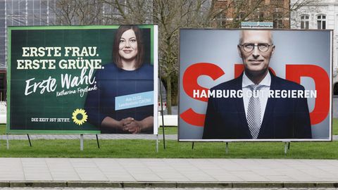 Wahlplakate zur Bürgerschaftswahl mit Katharina Fegebank und Peter Tschentscher