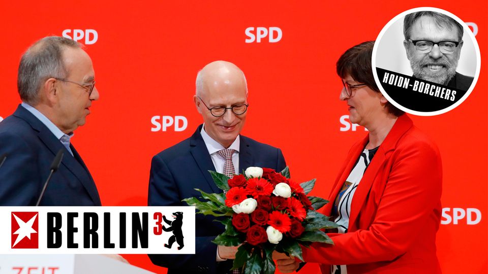Die SPD-Vorsitzenden Norbert Walter-Borjans und Saskia Esken und Bürgermeister Peter Tschentscher
