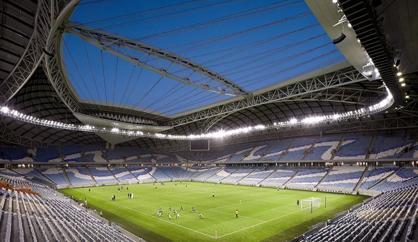 Rasenfläche und Zuschauerränge des Stadions