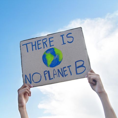 Klimafasten im Selbstversuch: Ein Mann hält ein Protestschild hoch