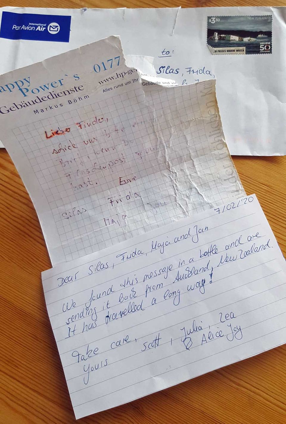 Mehrjährige Reise: Der in einer Flaschenpost gefundener Brief und das Antwortschreiben aus Neuseeland Der in einer Flaschenpost gefundener Brief und das Antwortschreiben aus Neuseeland
