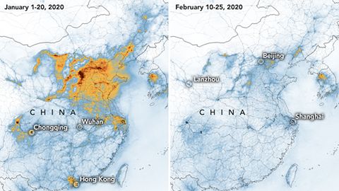 Die Karten der Nasa zeigen die Konzentrationen von Stickstoffdioxid in China vor der Quarantäne wegen des Coronavirus und danach