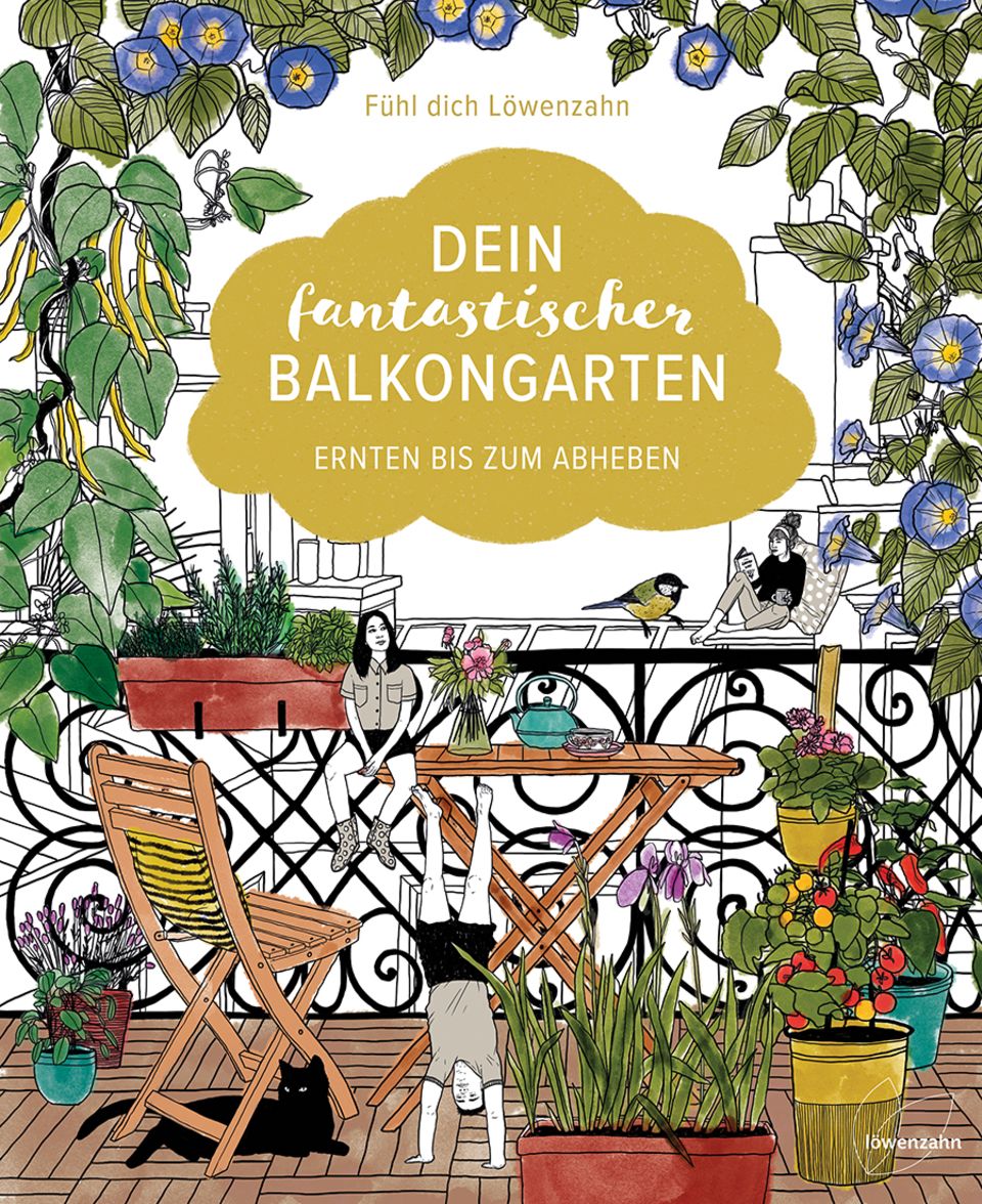 "Dein fantastischer Balkongarten" Illustration eines Balkons mit Pflanzen, Tieren und Menschen