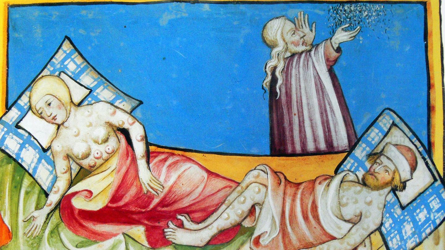 Weltweite Pandemie: Die Pest raffte in Europa rund ein Drittel der Bevölkerung dahin. Das Bild aus der Toggenburg-Bibel von 1411 könnte Pest- oder Pockenerkrankte darstellen. Ganz sicher sind sich Historiker nicht. Die Pest raffte in Europa rund ein Drittel der Bevölkerung dahin. Das Bild aus der Toggenburg-Bibel von 1411 könnte Pest- oder Pockenerkrankte darstellen. Ganz sicher sind sich Historiker nicht.