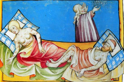 Die Pest raffte in Europa rund ein Drittel der Bevölkerung dahin. Das Bild aus der Toggenburg-Bibel von 1411 könnte Pest- oder Pockenerkrankte darstellen. Ganz sicher sind sich Historiker nicht.