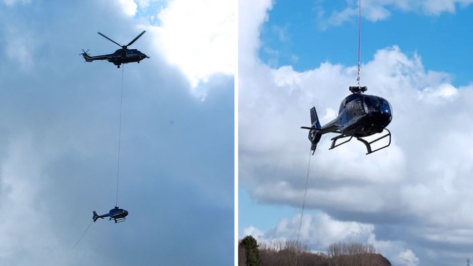 Ein Eurocopter wird im nordrhein-westfälischen Velbert von einem Lasthubschrauber geborgen. Ein Eurocopter wird im nordrhein-westfälischen Velbert von einem Lasthubschrauber geborgen.