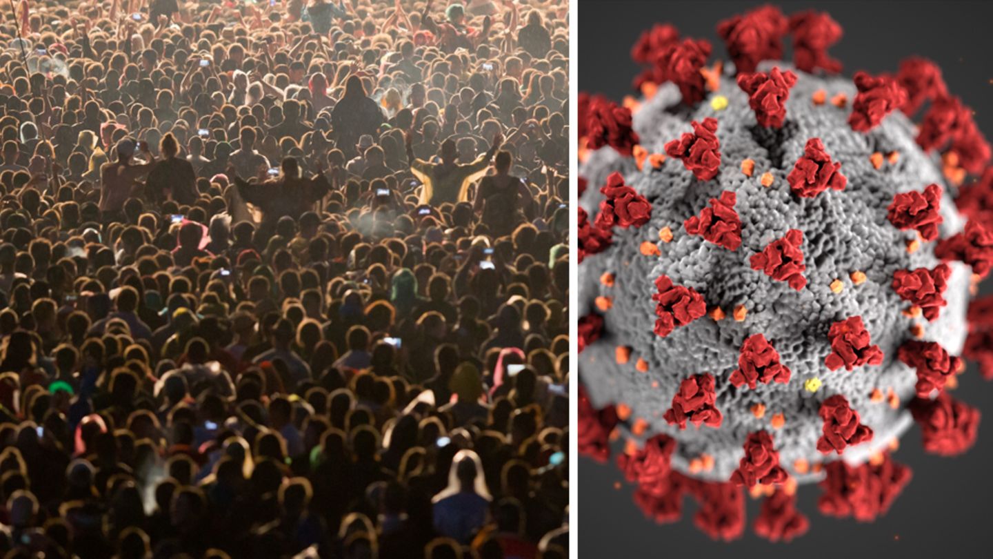 Links: Ein Konzert. Rechts: Eine Illustration des Coronavirus