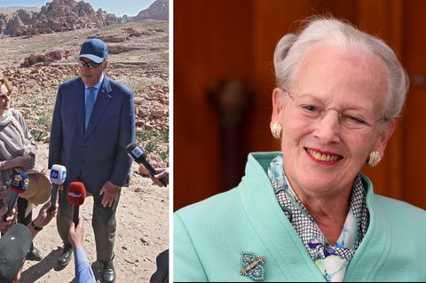 Das norwegische Königspaar Harald und Sonja bei ihrem Besuch in Jordanien (l.) und Königin Margrethe II. (r.)