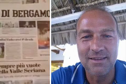 Rechts liegt die Zeitung "L'Eco di Bergamo", rechts schaut ein gebräunter Mann mit grauen Haaren und blauem T-Shirt