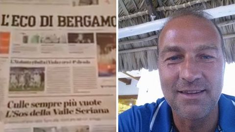Rechts liegt die Zeitung "L'Eco di Bergamo", rechts schaut ein gebräunter Mann mit grauen Haaren und blauem T-Shirt