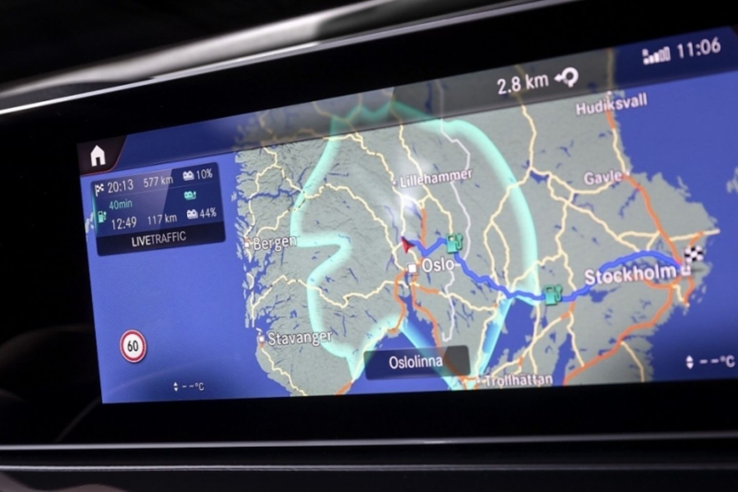 Die Reichweite wird auf dem Navigationssystem angezeigt