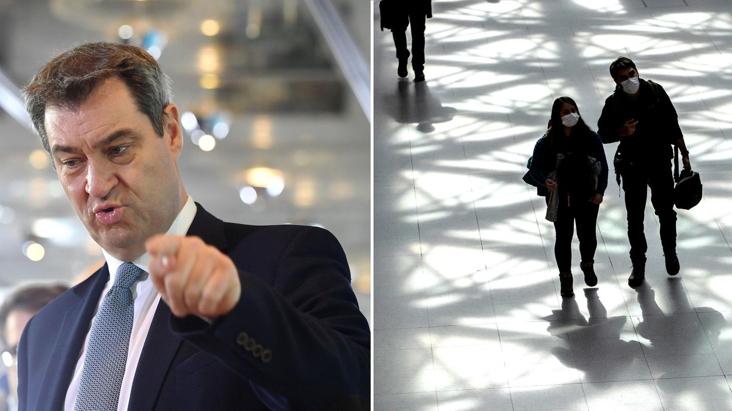 Bayerns Ministerpräsident Söder und Reisende am Flughafen Tegel