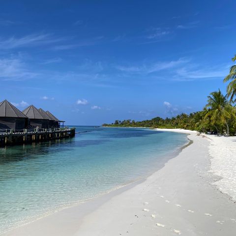 Blick einen weißen Strand hinunter. Rechts stehen Palmen, links stehen Hütten auf Pfählen im blauen Wasser