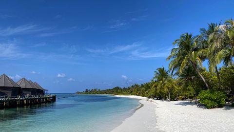 Blick einen weißen Strand hinunter. Rechts stehen Palmen, links stehen Hütten auf Pfählen im blauen Wasser