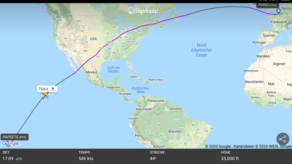 Der Flug TN64 legte die 15.713 Kilometer lange Flugstrecke aus der Südsee nach Frankreich ohne eine Ziwschenlandung zurück.