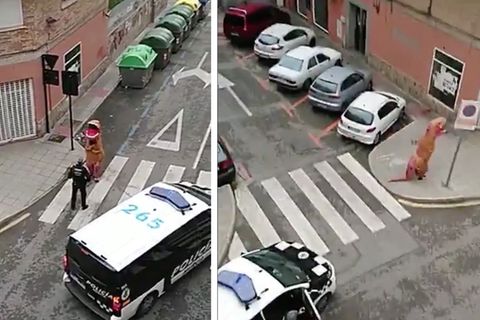 In Spanien hat die Polizei eine Person im T-Rex-Kostüm verwarnt, die gegen die Ausgangssperre verstoßen hat