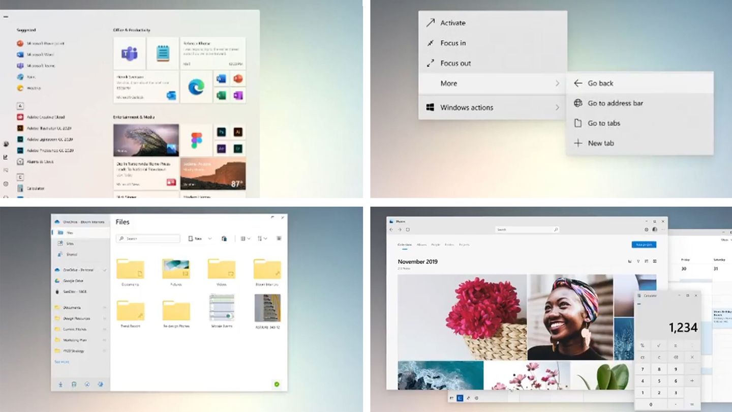 Windows 10 wirkt durch das neue Design leichter. Oben links ist das neue Startmenü, unten links der neue Dateiexplorer zu sehen. Der moderne Look zieht sich auch durch andere Programme wie die Foto-App und den Rechner (beide oben rechts) und das Kontext-Menü (unten rechts)