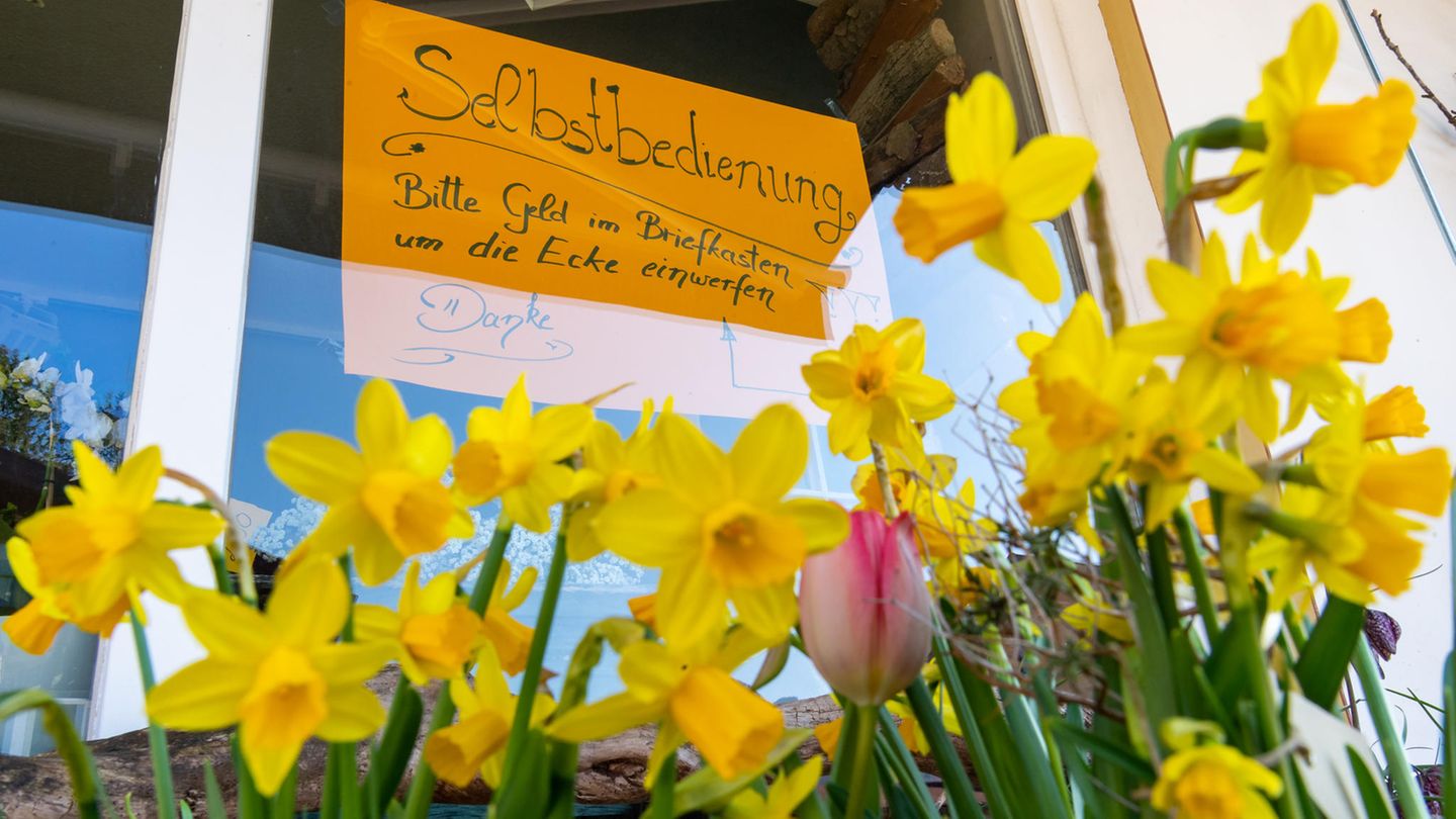 Nur noch indirekter Kundenkontakt: Dieses Schild hängt im Schaufenster eines Geschäfts im Chiemgau. Der Blumenladen setzt auf Selbstbedienung und das Vertrauen der Käufer.