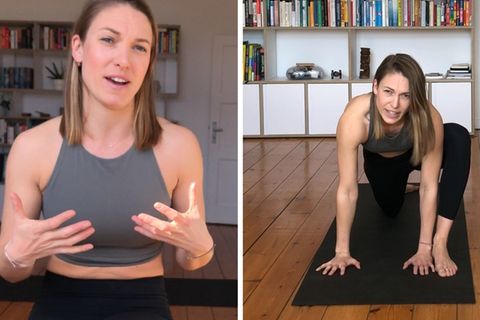 Fitnesstrainerin Freya Greskowiak zeigt Warm-up-Übungen fürs Fitness trotz Home-Office.