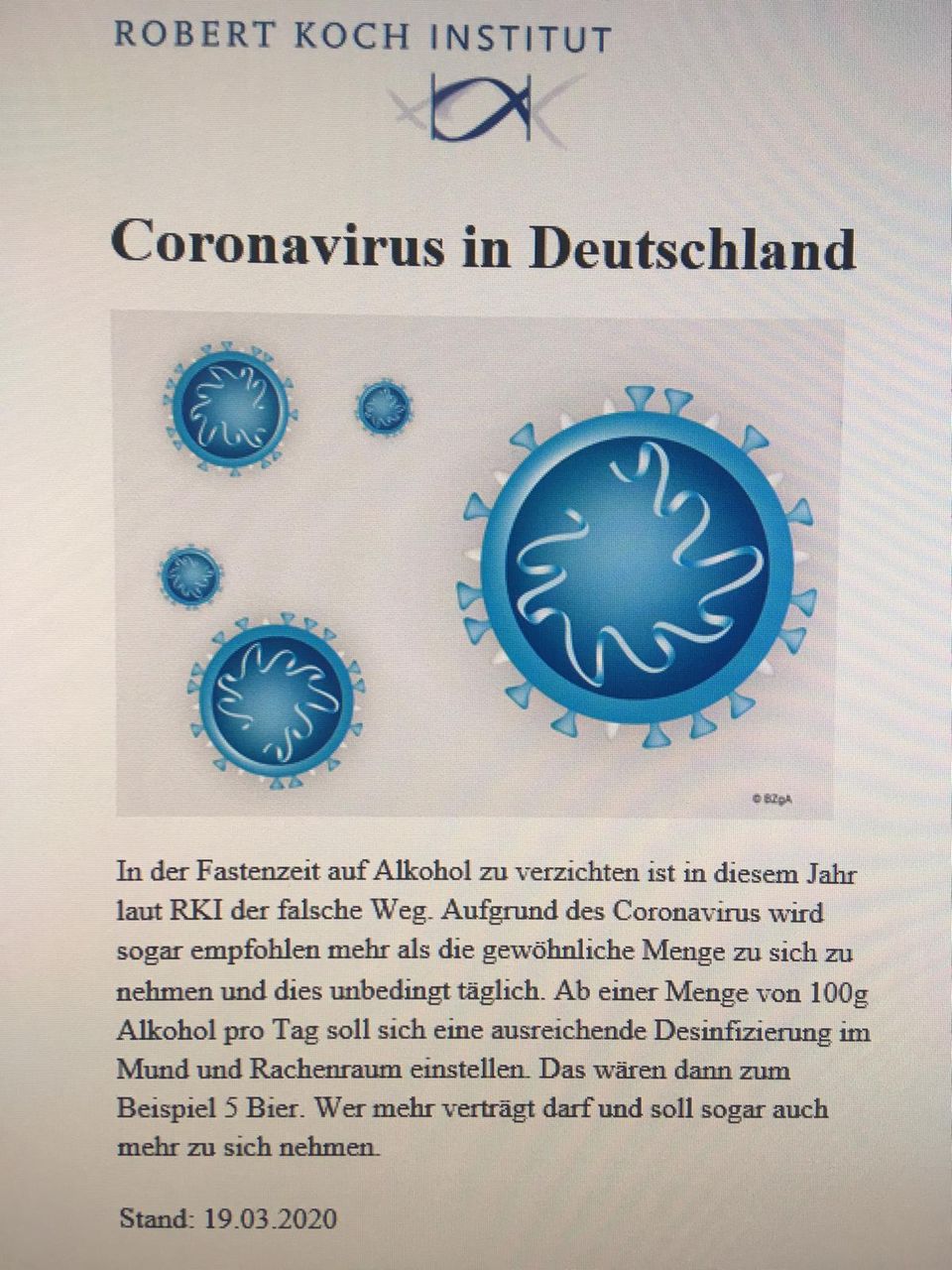 Corana-Fake-News: RKI empfiehlt gesteigerten Alkoholkonsum Corana-Fake-News: RKI empfiehlt gesteigerten Alkoholkonsum