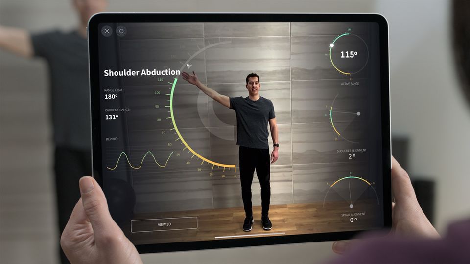 Mit den richtigen Anwendungen soll das iPad Pro auch im medizinischen Bereich Fuß fassen, hofft Apple. Hier zu sehen eine App, mit der Physiotherapeuten computergestützt die Beweglichkeit von Patienten ermitteln können.