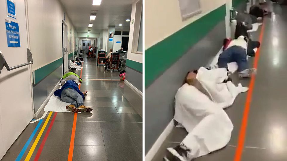 Coronavirus in Madrid: Mehrere Patienten liegen auf dem Boden im spanischen Krankenhaus