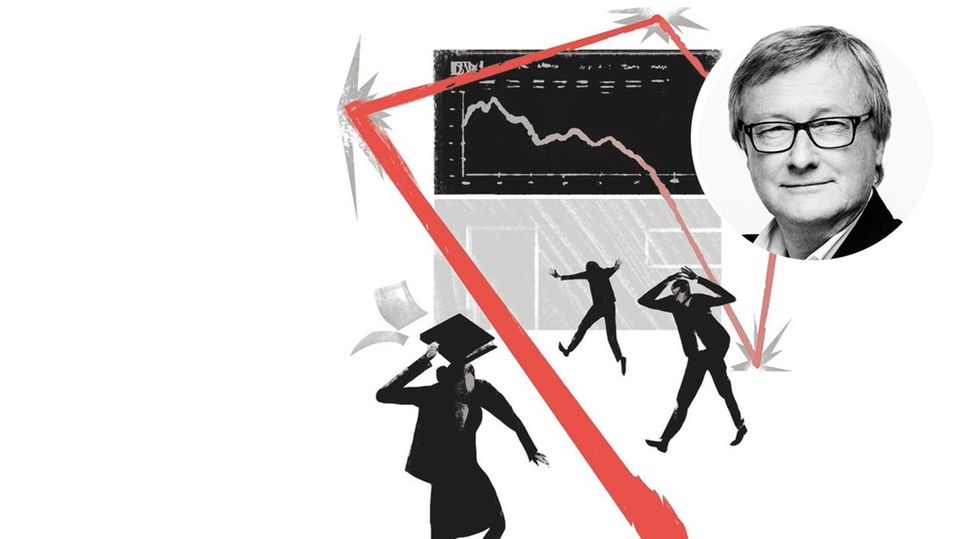 Illustration: fallende Aktienkurse bringen Banker zur Verzweiflung