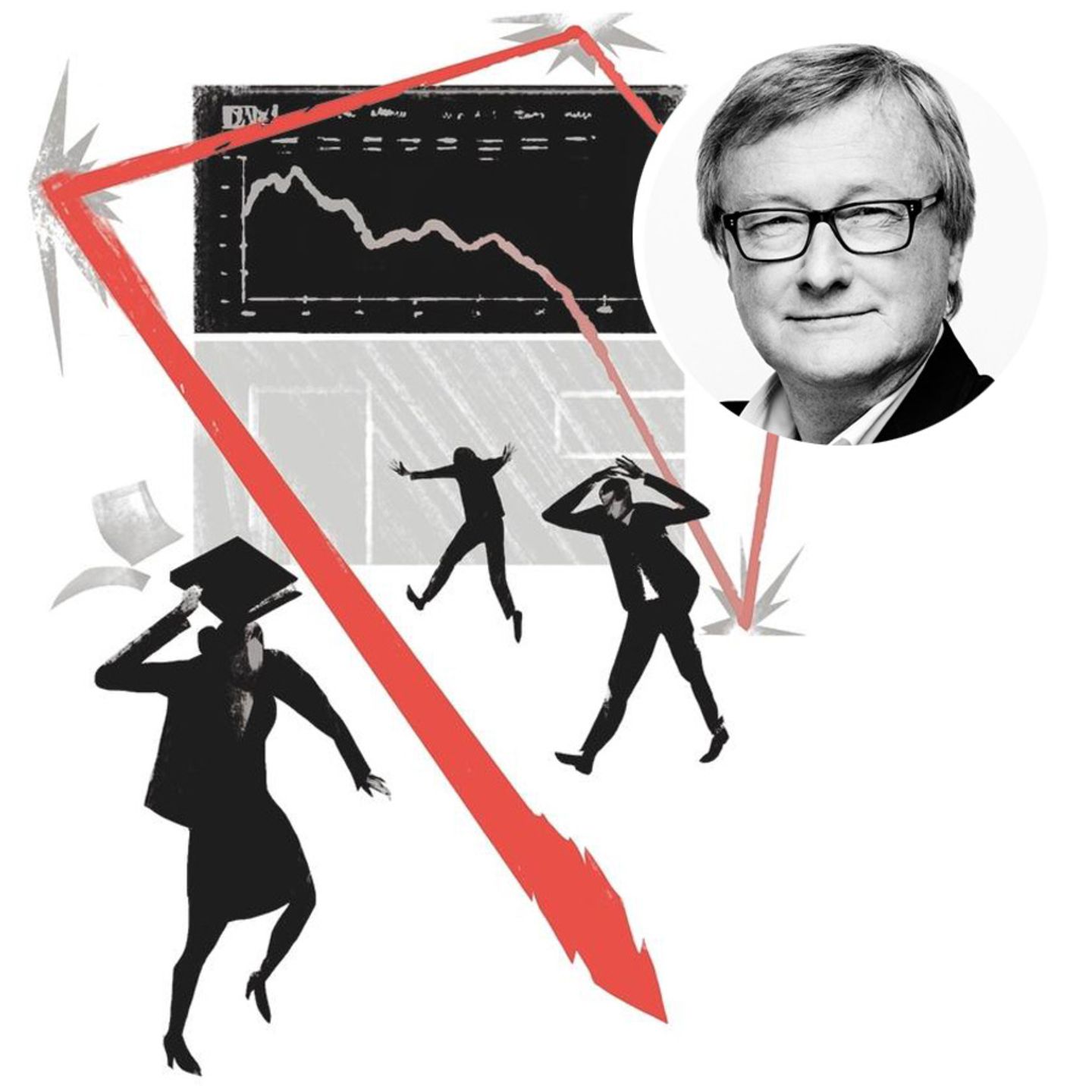 Illustration: fallende Aktienkurse bringen Banker zur Verzweiflung